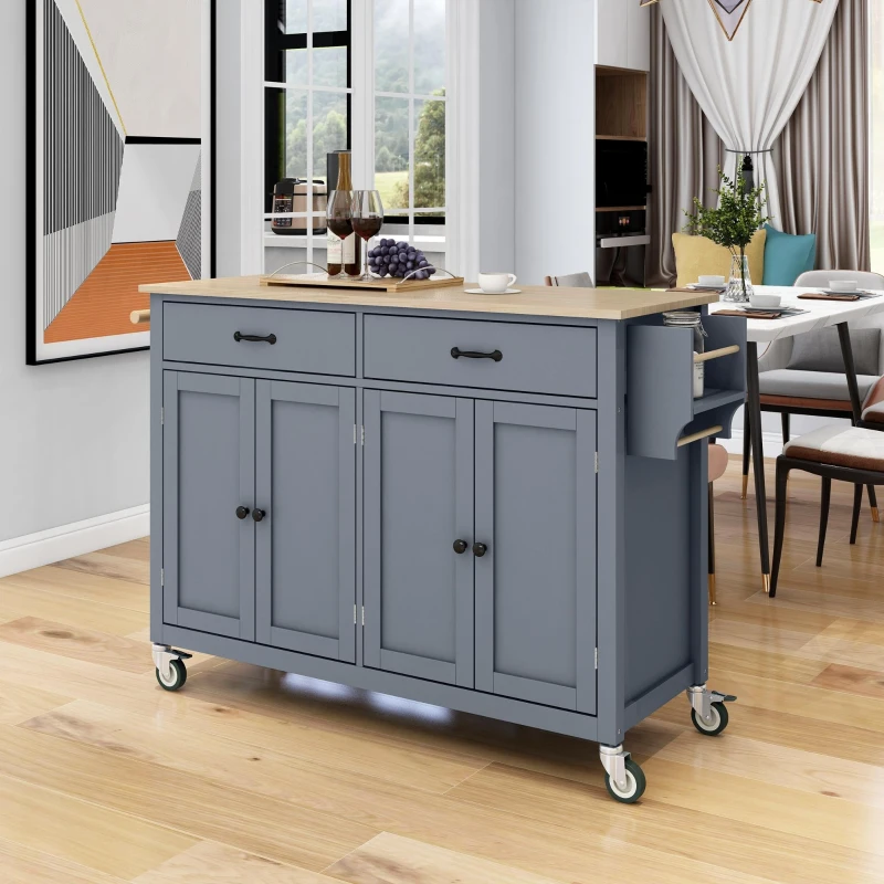 Kitchen Island Cart with 4-Door Cabinet, 2 Drawers, Solid Wood Top, Locking Wheels, Spice and Towel Racks, 54.5" L x 18.5" W x 36" H, Blue