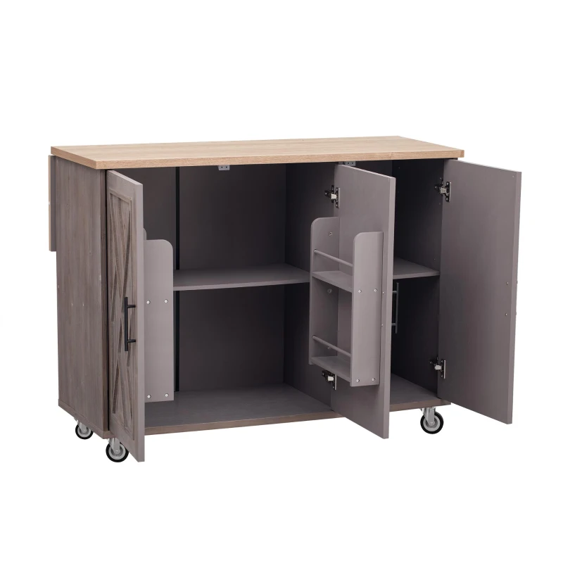 Kitchen Island with Drop Leaf, Rolling Cart on Wheels, Adjustable Shelves, Internal Storage Rack, Towel Rack, 51" L x 29.5" W x 36" H, Brown