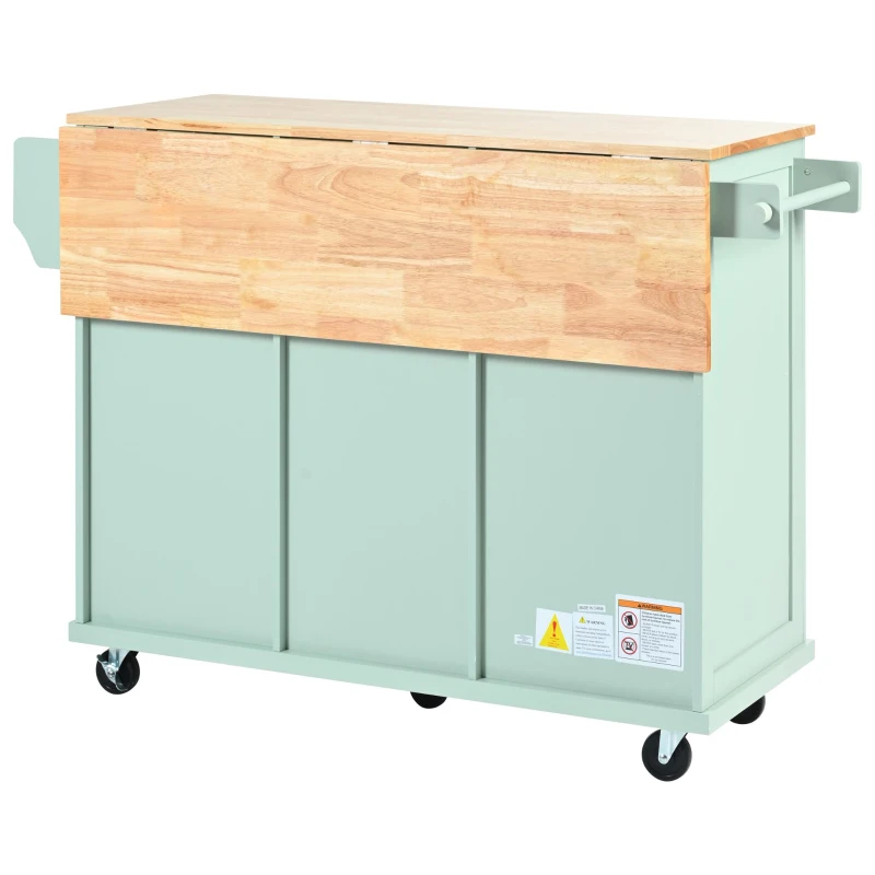 Kitchen Island Cart with 3 Drawers, 5 Wheels, Rubber Wood Drop-Leaf Countertop, Storage Cabinet, 53" L x 29.5" W x 37" H, Mint Green