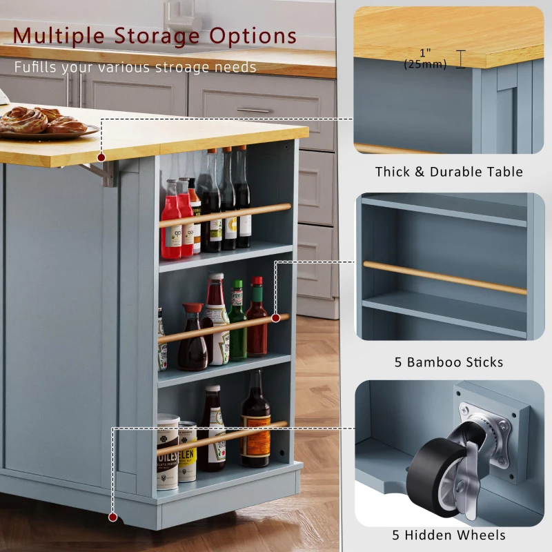 Kitchen Island with 2 Bar Stools, Power Outlet, Internal Racks, 5 Wheels, Drop Leaf, Adjustable Shelves, 53" L x 29.5" W x 36.5" H, Gray+Blue