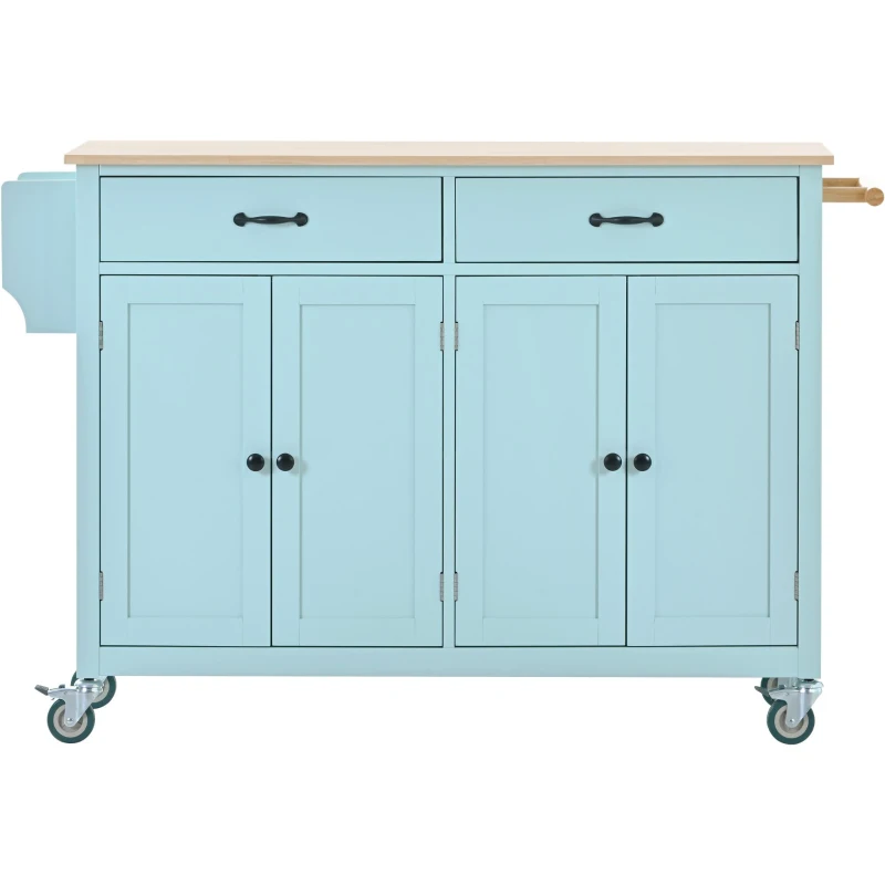 Kitchen Cart with 4-Door Cabinet, 2 Locking Wheels, Shelves and Racks, Cooking Island with Wood Top, 54.5" L x 18.5" W x 36" H, Mint Green