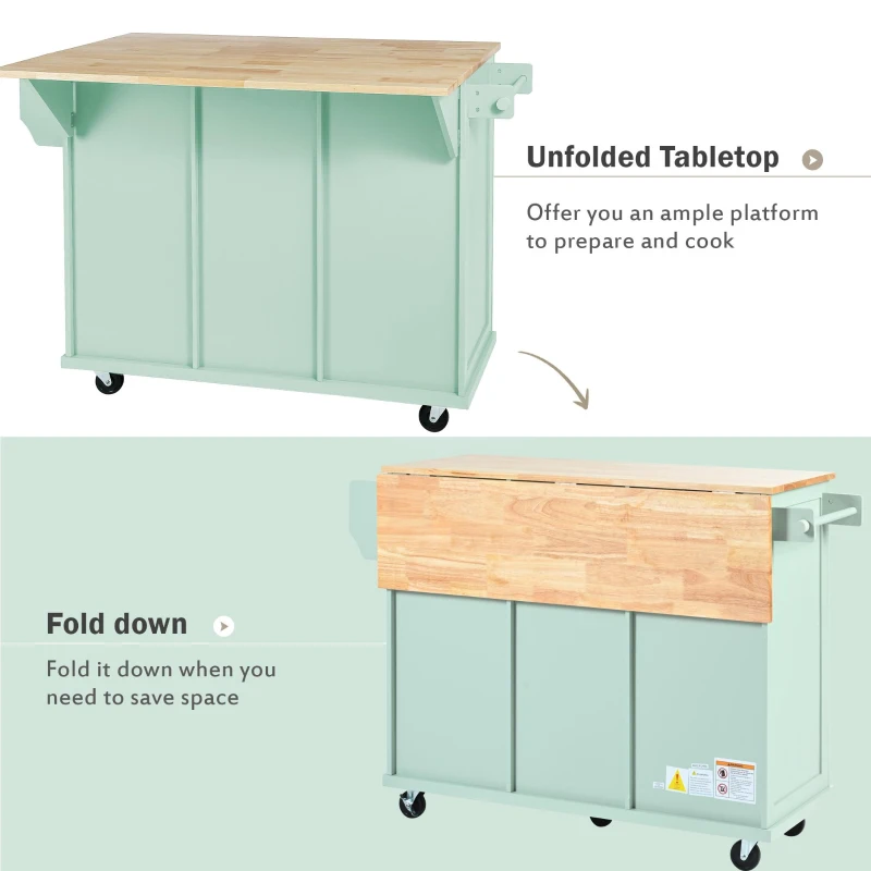 Kitchen Island Cart with 3 Drawers, 5 Wheels, Rubber Wood Drop-Leaf Countertop, Storage Cabinet, 53" L x 29.5" W x 37" H, Mint Green