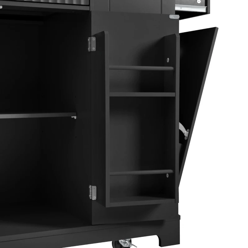 Fluted Kitchen Island with Trash Can Storage, Power Outlet, Internal Storage Rack, Rolling Design with 3 Drawers and Adjustable Shelves, Black