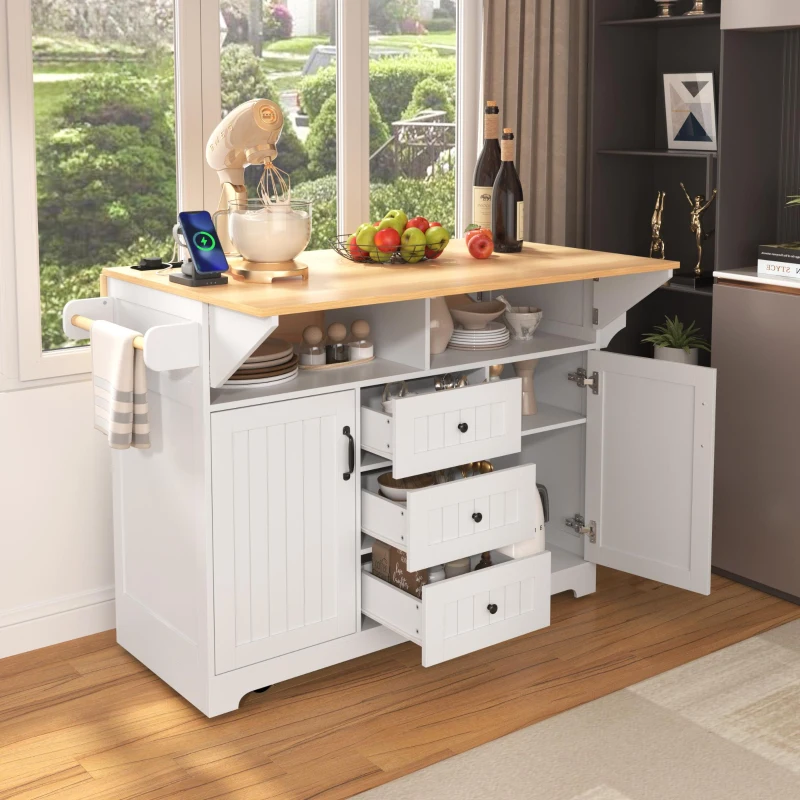 Kitchen Island Cart with Dual Drop Leaf, Power Outlet, Adjustable Shelves, Spice and Towel Rack, 3 Drawers, 56" L x 34" W x 36.5" H, White