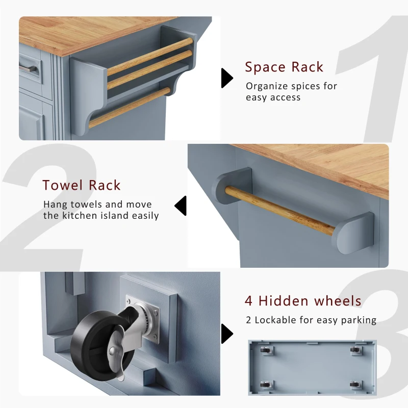Kitchen Island Cart with Rubber Wood Drop Leaf, Embossed Texture, Adjustable Shelves, Hidden Wheels, 3 Drawers, 54" L x 29.5" W x 36" H, Grey+Blue