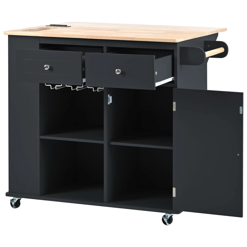 Kitchen Cart with Power Outlet, Drop Leaf, Wine Rack, Adjustable Shelves, Central Island with Lockable Wheels, 40" L x 29.5" W x 34" H, Black