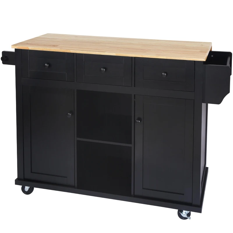 Kitchen Cart with 5 Wheels, 3 Drawers, Storage Cabinets, Central Island with Rubberwood Drop-Leaf Countertop, 53" L x 29.5" W x 37" H, Black(m-13)