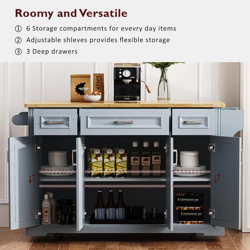 Kitchen Island Cart with Rubber Wood Drop Leaf, Embossed Texture, Adjustable Shelves, Hidden Wheels, 3 Drawers, 54" L x 29.5" W x 36" H, Grey+Blue
