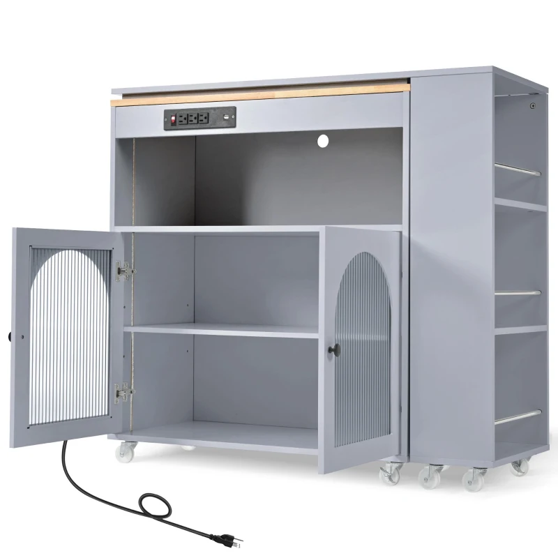 Extended LED Kitchen Island with Power Outlets, Adjustable Shelves, Central Island with Fluted Glass Doors, 56.5" L x 33" W x 38" H, Slate Blue