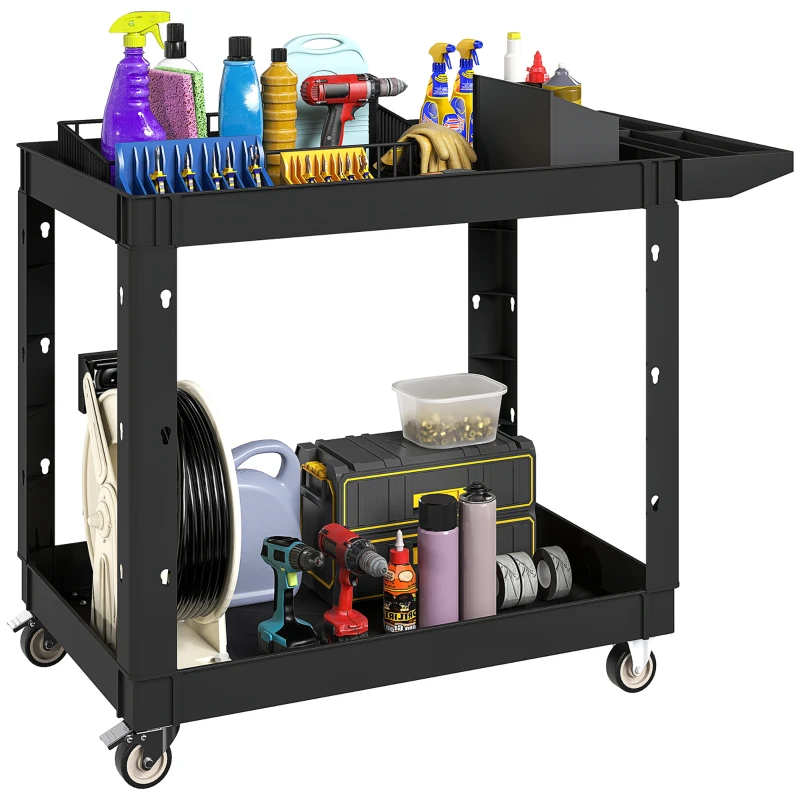 HOMCOM 2-Tier Rolling Tool Cart with Wheels, 500 LBS Capacity Plastic Utility Cart with Handle for Garage, Warehouse, Black