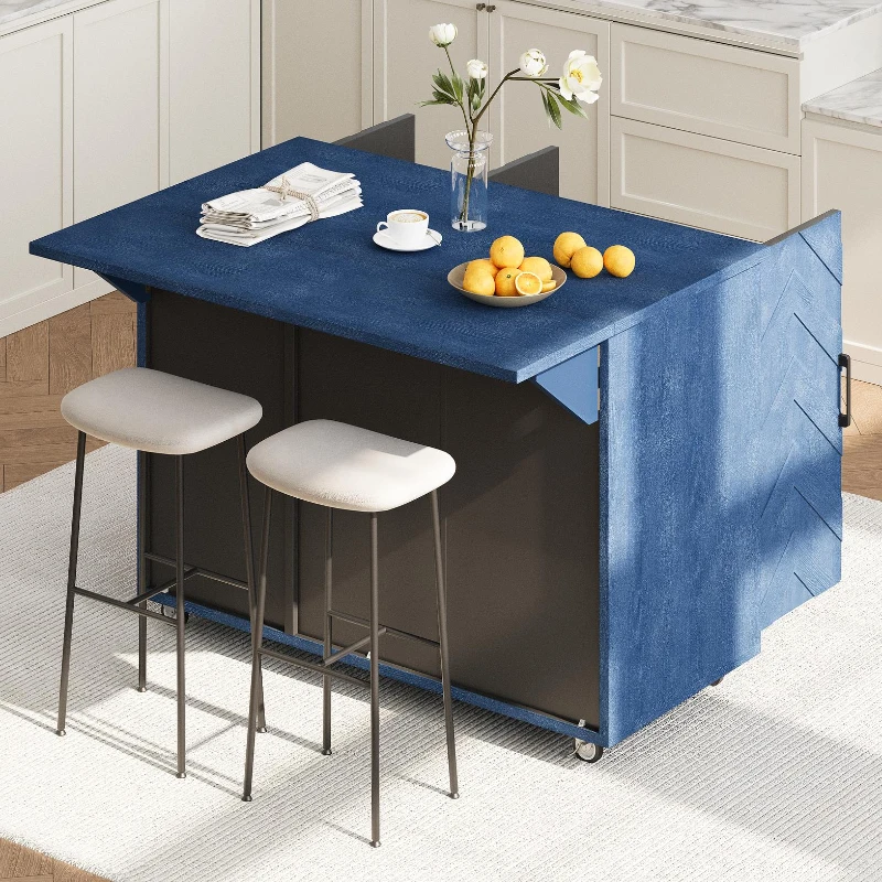 Farmhouse Kitchen Island with Drop Leaf, Rolling Cart on Wheels, 3D Wave Stripes Ash Veneer, Internal Rack, Adjustable Shelves, Navy Blue
