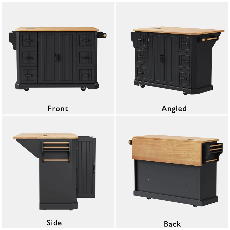 Rolling Kitchen Island Cart with Drop Leaf, Power Outlet, 4 Door Shelves, 6 Drawers, Adjustable Shelves, Spice Rack, 55.5" L x 30" W x 36" H, Black