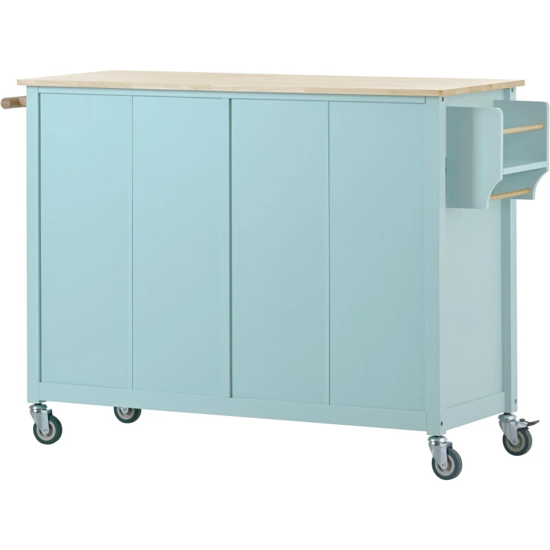Kitchen Cart with 4-Door Cabinet, 2 Locking Wheels, Shelves and Racks, Cooking Island with Wood Top, 54.5" L x 18.5" W x 36" H, Mint Green