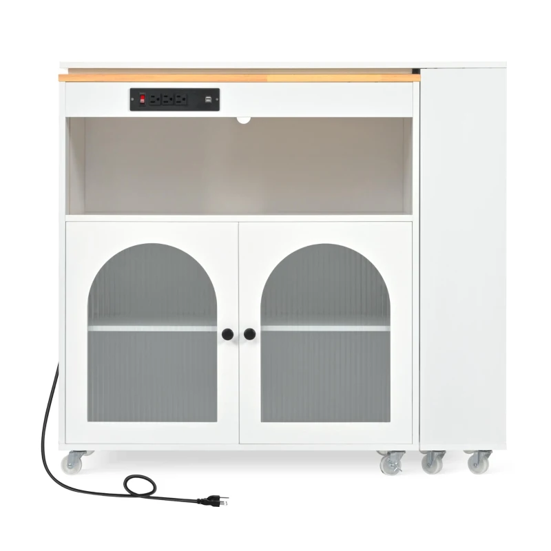 LED Kitchen Island with Extended Table, Power Outlets, Fluted Glass Doors, Utility Cart with Shelves and Cabinet, 56.5" L x 33" W x 38" H, White