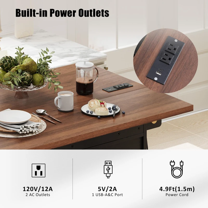 Farmhouse Kitchen Island Cart with Beaded Drape, Power Outlet, Drop Leaf, Adjustable Shelves, Perfect for Kitchen and Dining Room, Black