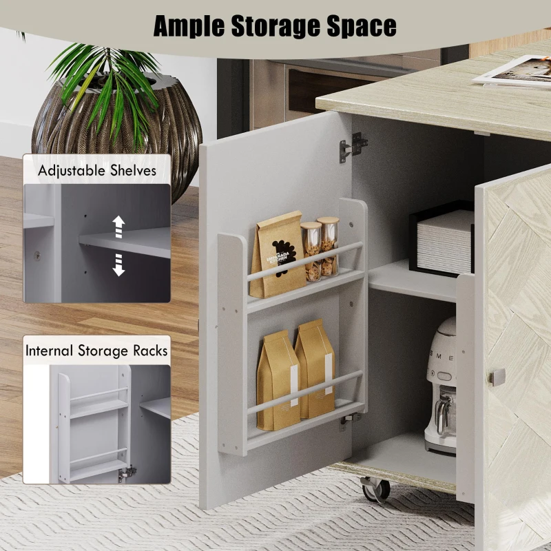 Kitchen Island Cart with Drop Leaf, Handwoven Ash Veneer Doors, Adjustable Shelves, and Lockable Wheels, 51" L x 29.5" W x 36" H, Champagne