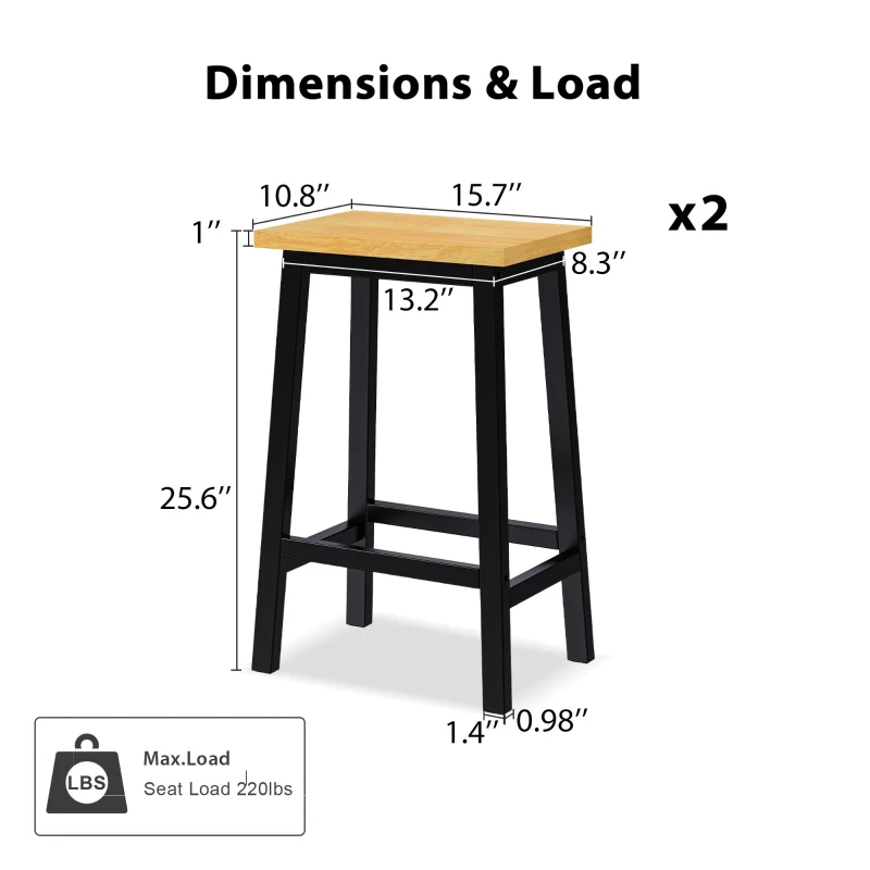 Set of 2 Solid Wood Bar Stools with Anti-Scratch Pads, Farmhouse Design, Kitchen Counter Stools with Footrests, 16" L x 11" W x 25.5" H, Black