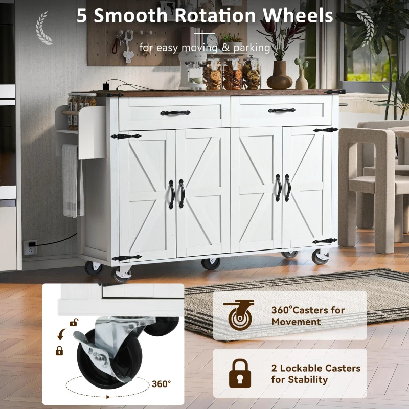 Farmhouse Kitchen Island with Drop Leaf, Power Outlet, Spice Rack and Drawer, Rolling Cart on Wheels, 53.5" L x 29" W x 36.5" H, White