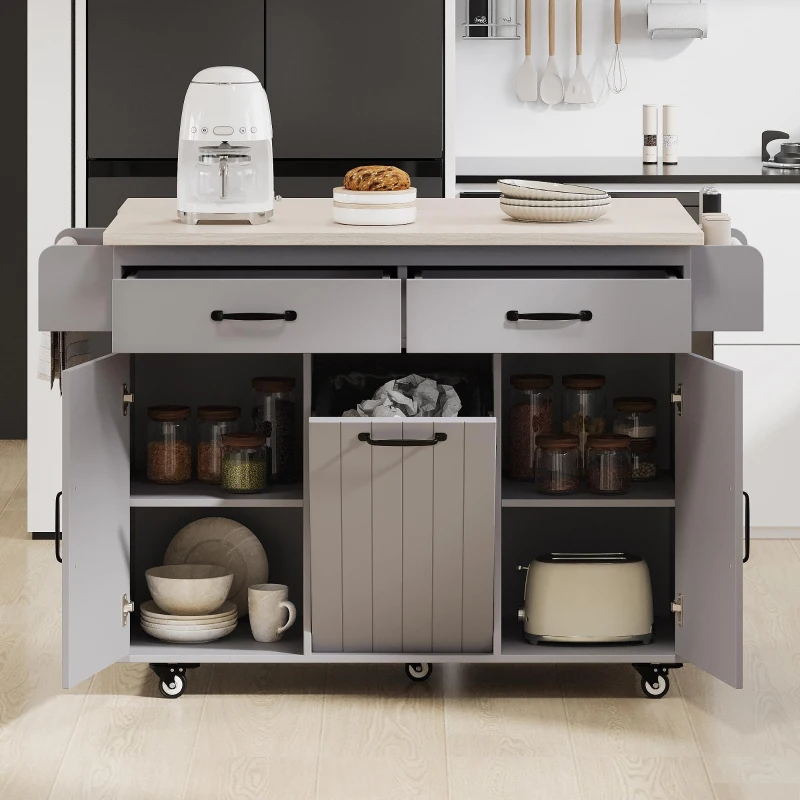 Kitchen Cart with Trash Can Storage, Drop Leaf, Adjustable Shelf, Utility Island with Spice and Towel Rack, 51" L x 31.5" W x 35" H, Gray