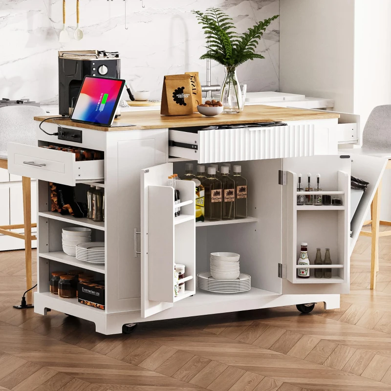 Fluted Kitchen Island with Trash Can Storage, Power Outlet, Internal Rack, Rolling Cart on 5 Wheels with 3 Drawers, 3 Open Side Racks, White