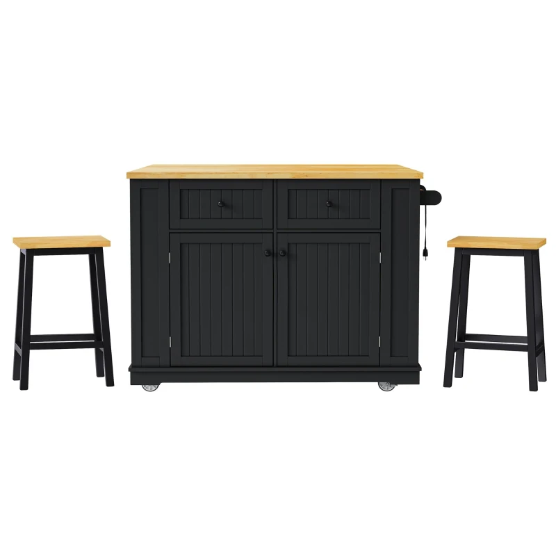 Kitchen Island with 2 Bar Stools, Power Outlet, Internal Rack, 5 Wheels, Drop Leaf, Adjustable Shelves, 2 Drawers, 48" L x 29.5" W x 37" H, Black