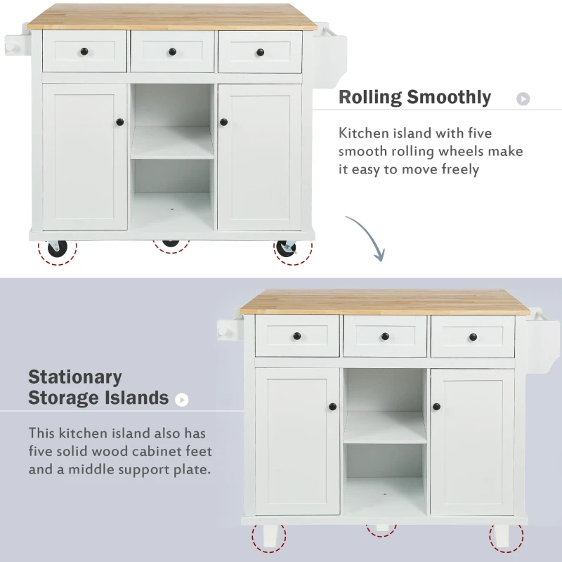 Kitchen Cart with 5 Wheels, 3 Drawers, Storage Cabinet, Central Island with Rubberwood Drop-Leaf Countertop, 53" L x 29.5" W x 37" H, White