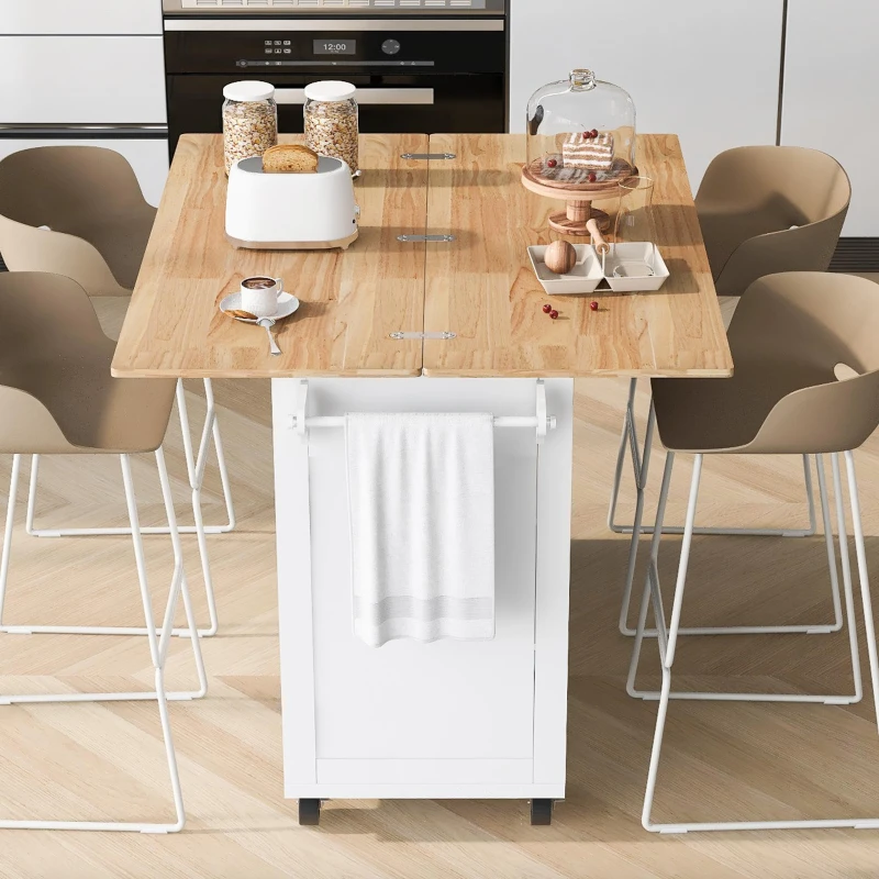 Kitchen Island Cart with Foldable Countertop, Adjustable Shelves, Towel Rack, Drawer, and Lockable Wheels, 49" L x 33.2" W x 37.5" H, White
