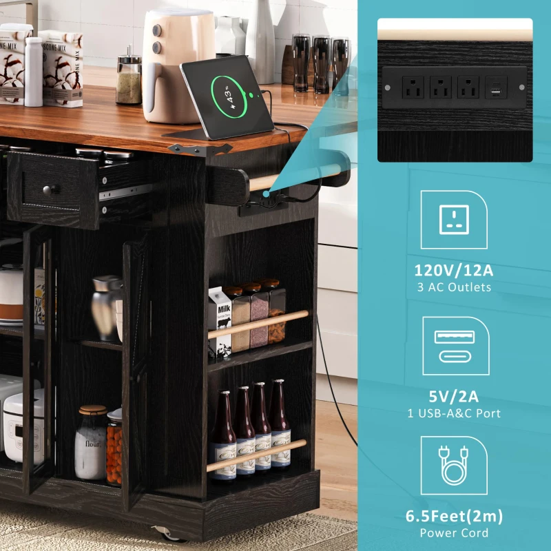 Farmhouse Kitchen Island with Tempered Glass Doors, Power Outlet, Rolling Cart with Drop Leaf, 5 Racks, 3 Drawers, 53" L x 29.5" W x 36" H, Black