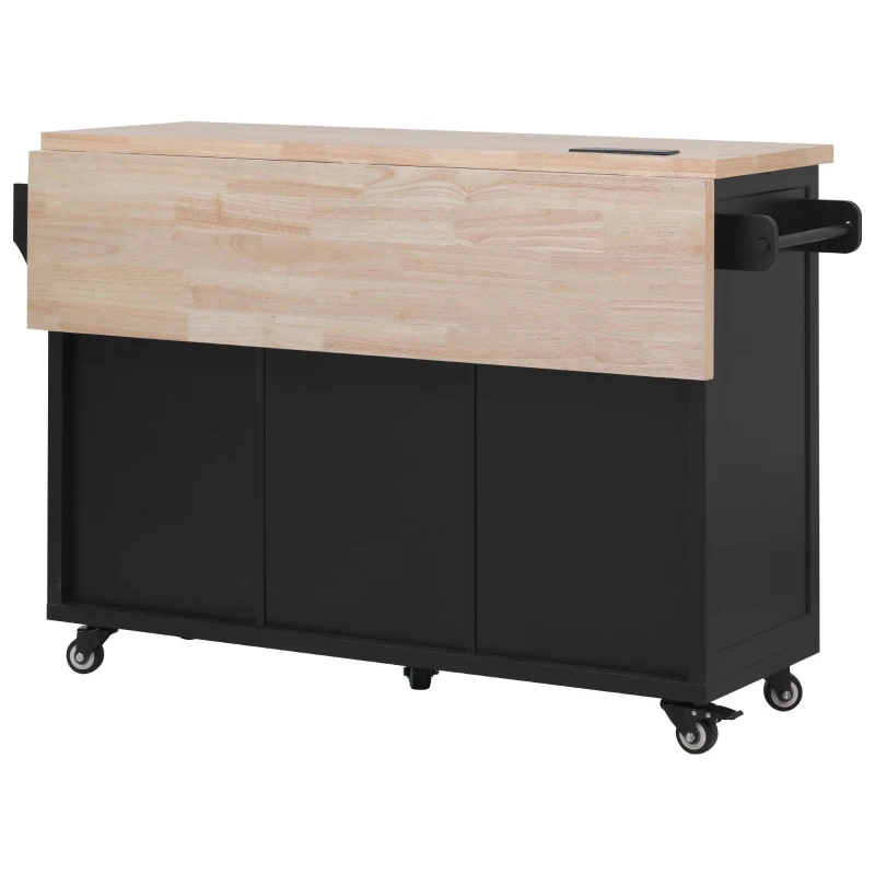 Kitchen Island with Drop Leaf and Power Outlet, Rolling Kitchen Cart on Wheels with 4 Doors, 5 Deep Drawers, Adjustable Shelves, Towel Rack, Black