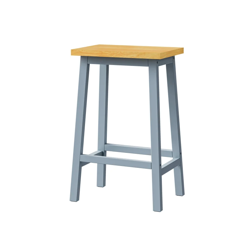 Solid Wood Bar Stools Set of 2, Tall Kitchen Counter Stools with Footrests, Farmhouse Style, Anti-Scratch Pads, 16" L x 11" W x 25.5" H, Gray+Blue