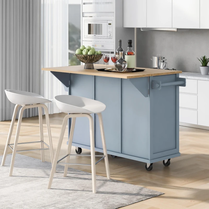 Kitchen Cart with Wood Drop-Leaf Countertop, Internal Storage Racks, Utility Island with Cabinets and Drawers, 53" L x 29.5" W x 37" H, Blue