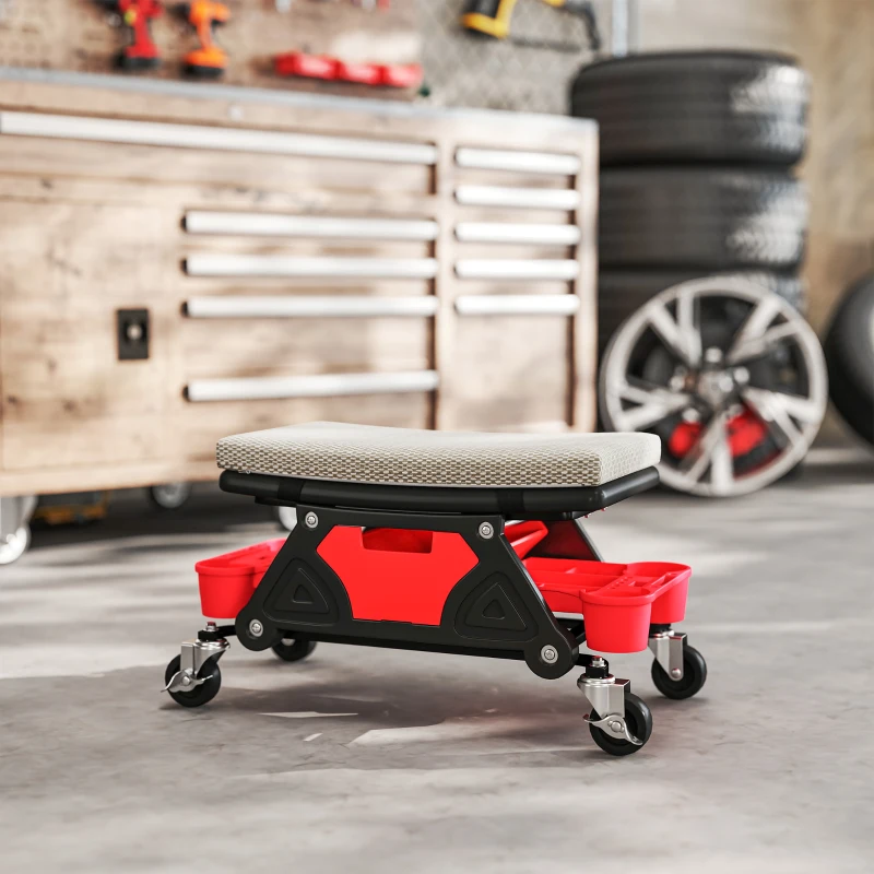 HOMCOM Rolling Garage Stool with Wheels, 300 LBS Capacity Padded Mechanic Stool with Tool Trays Storage, Grey