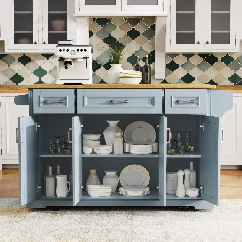 Kitchen Island Cart with Rubber Wood Drop Leaf, Embossed Texture, Adjustable Shelves, Hidden Wheels, 3 Drawers, 54" L x 29.5" W x 36" H, Grey+Blue
