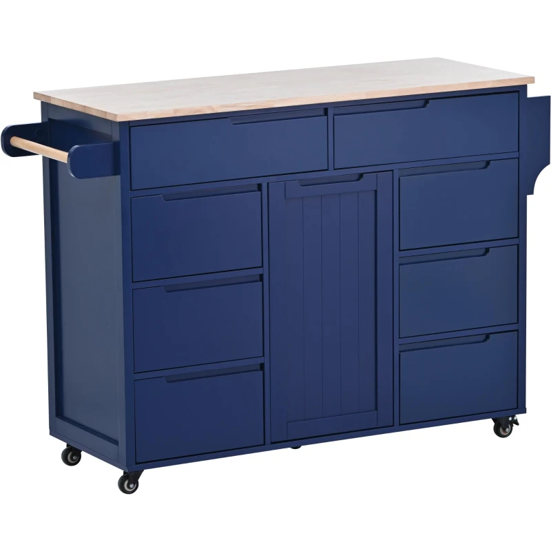 Mobile Kitchen Cart with 8 Handle-Free Drawers, 5 Wheels, Flatware Organizer, Central Island with Wood Countertop, 53" L x 18.5" W x 37" H, Blue