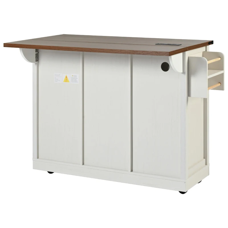 Farmhouse Kitchen Island with 2 Sliding Barn Doors, Power Outlet, Drop Leaf, Spice Rack, Rolling Cart on Wheels, 54" L x 29" W x 37" H, White