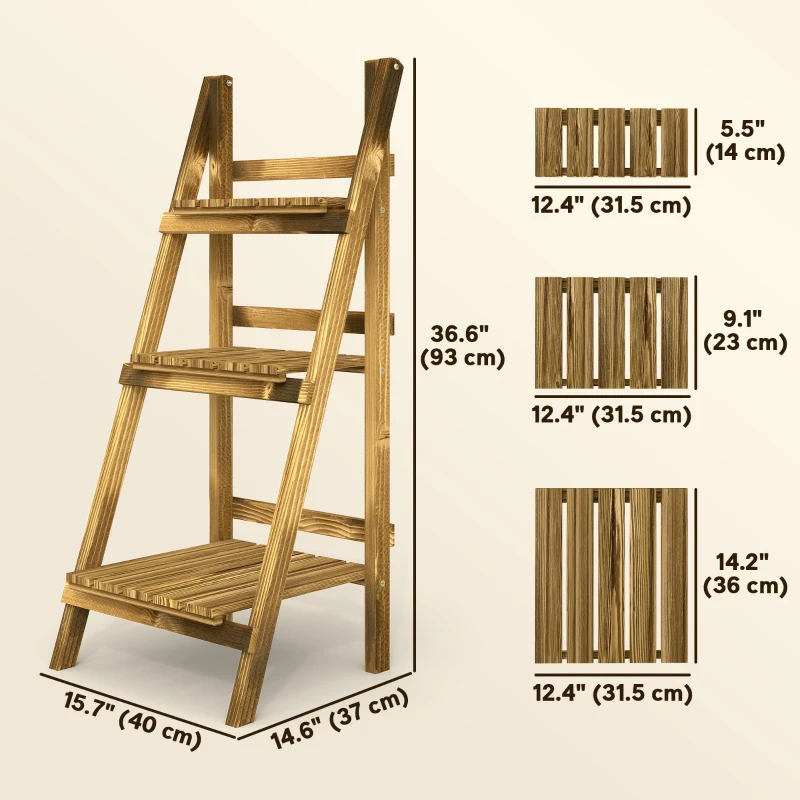 Outsunny Outdoor Plant Stand, Foldable Flower Stand 3-Tier Wooden Plant Shelf for Garden Indoor Outdoor, 16" x 15" x 37"