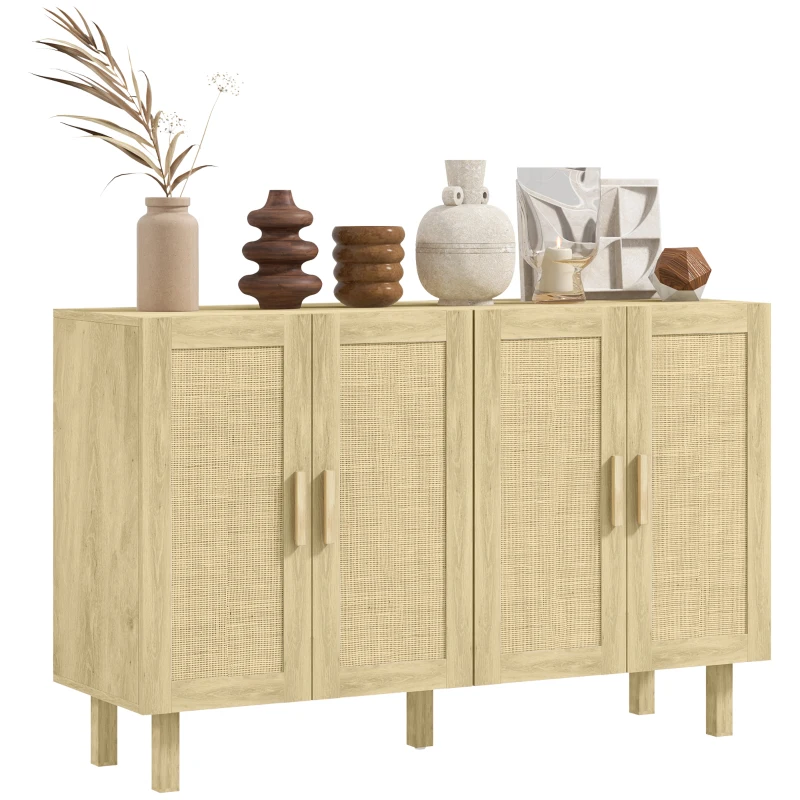 HOMCOM Boho Sideboard Buffet Cabinet, Storage Cabinet with 4 Rattan Doors and Adjustable Shelves, Natural
