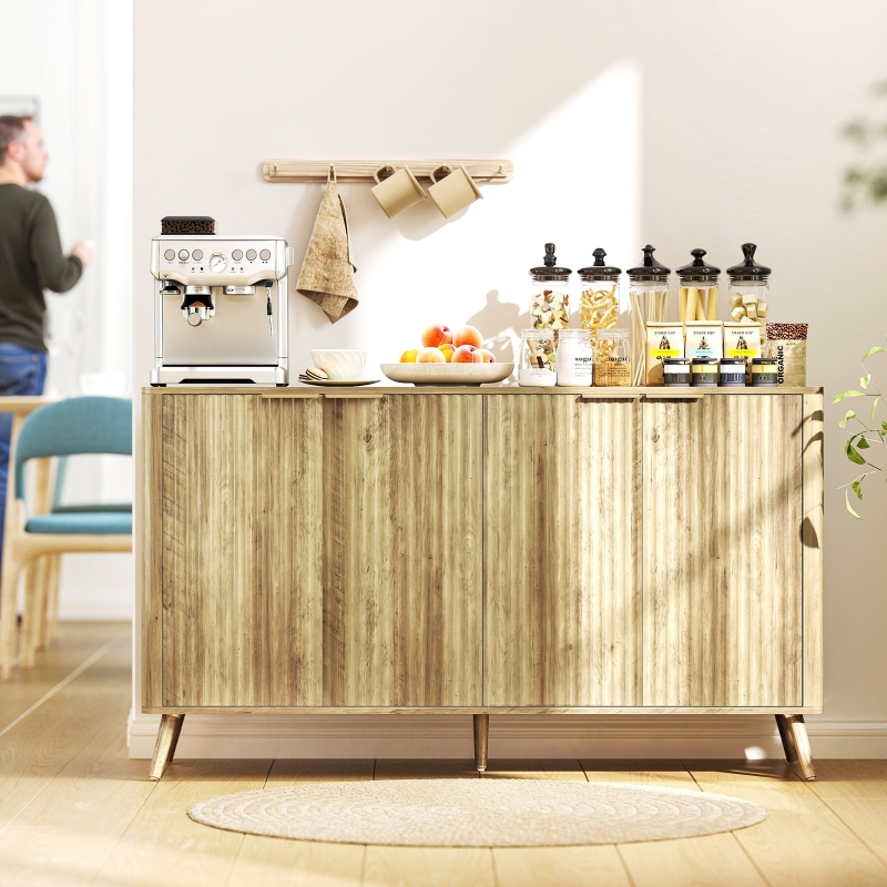 HOMCOM 55" Buffet Cabinet, Modern Sideboard with 4 Fluted Doors and 2 Adjustable Shelves for Kitchen, Living Room, White