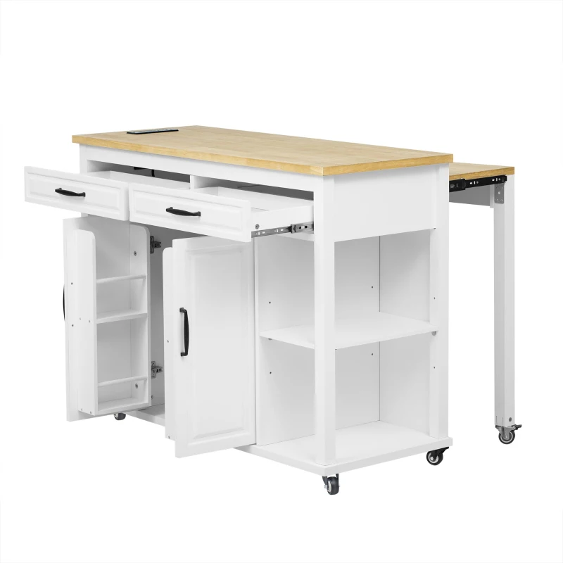 Kitchen Island with Extendable Dining Table, Rubber Wood Veneer, Internal Rack, Power Outlet, 2 Drawers, 2 Cabinets, 47" L x 33.5" W x 37" H, White