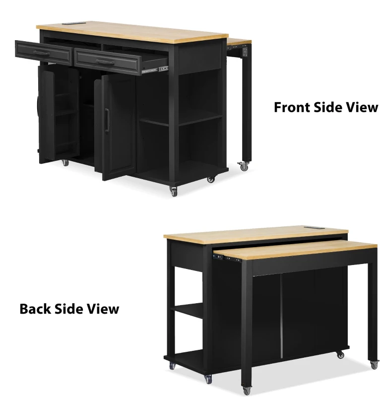 Kitchen Island with Extendable Dining Table, Rubber Wood Veneer, Internal Rack, Power Outlet, Drawers and Cabinets, 47" L x 33.5" W x 37" H, Black
