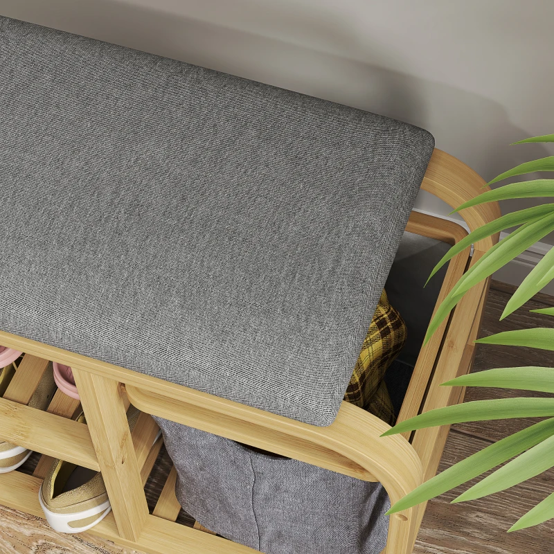 HOMCOM Bamboo Entryway Bench, Shoe Storage Bench with Cushion, Slat Shelves, Pull-Out Basket for Hallway, Entryway, Nature Wood