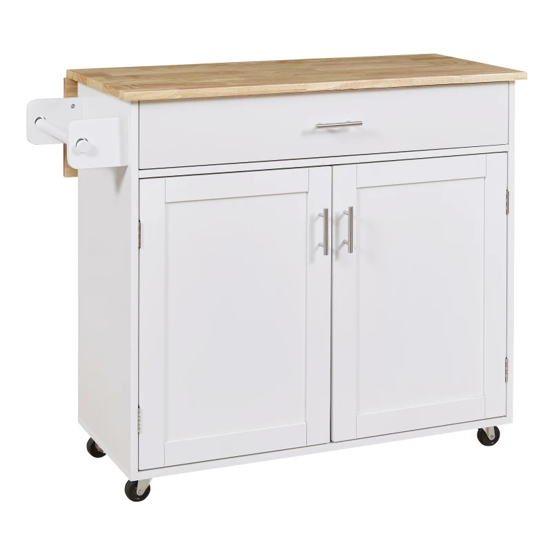 Rolling Kitchen Cart with Rubber Wood Top, Drawer with Dividers, Internal Storage Rack, Adjustable Shelves, 39" L x 26" W x 34" H, White