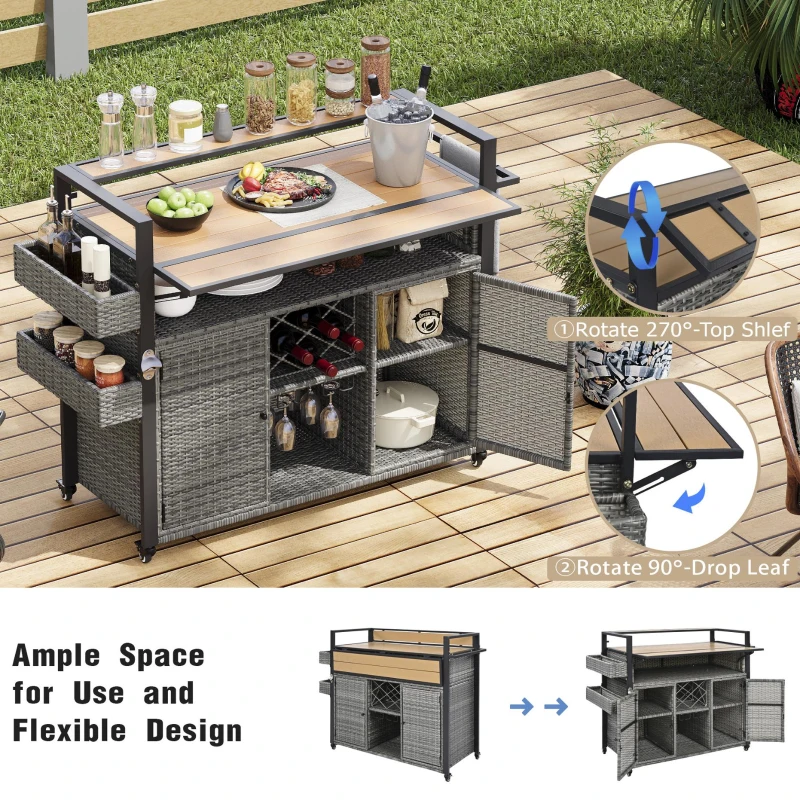 Outdoor Grill Cart with Extended Table Top, Rolling Kitchen Island on Wheels with Storage Cabinet, Double Handle, 53" L x 28.3" W x 41.5" H, Gray