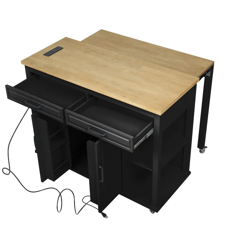 Kitchen Island with Extendable Dining Table, Rubber Wood Veneer, Internal Rack, Power Outlet, Drawers and Cabinets, 47" L x 33.5" W x 37" H, Black