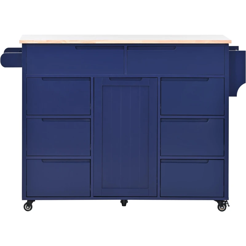 Mobile Kitchen Cart with 8 Handle-Free Drawers, 5 Wheels, Flatware Organizer, Central Island with Wood Countertop, 53" L x 18.5" W x 37" H, Blue