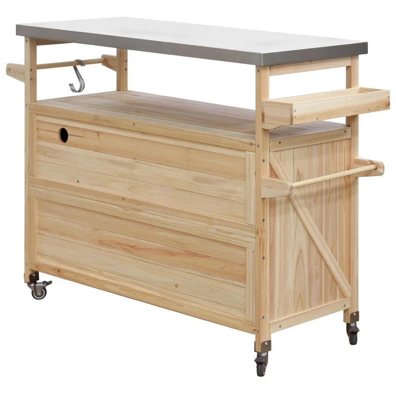 Outdoor Kitchen Island with Stainless Steel Top, Spice and Towel Rack, Rolling Bar Cart with Lockable Wheels, 50" L x 18.5" W x 36.5" H, Natural