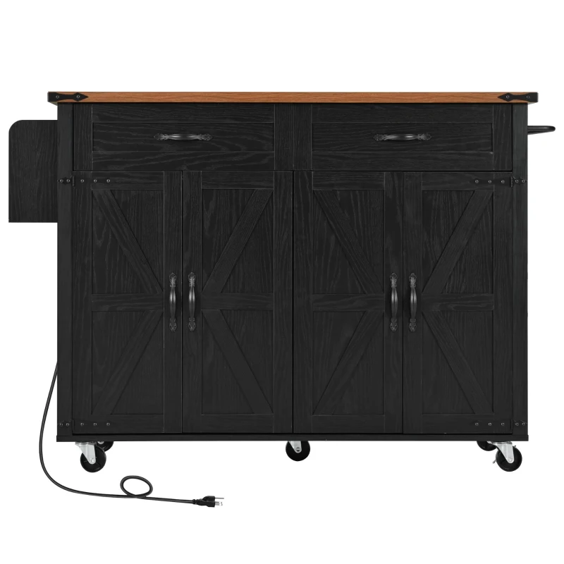 Farmhouse Kitchen Island with Storage Drawers, Power Outlet, Drop Leaf, Spice Rack, Rolling Cart on Wheels, 53.5" L x 29" W x 36.5" H, Black