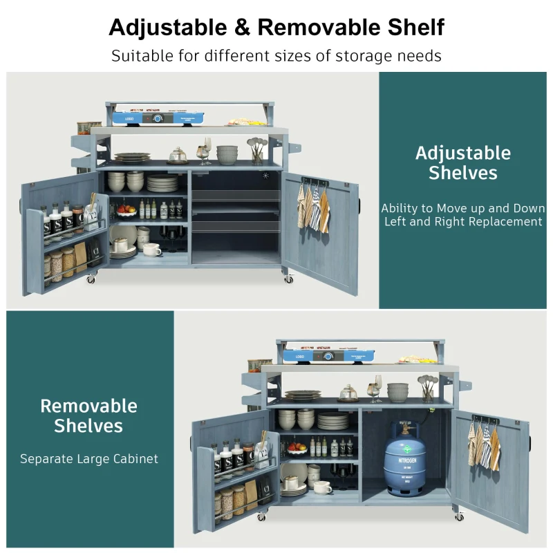 Outdoor Kitchen Island with Raised Shelf, Storage Cabinet, Stainless Steel Top, Rolling Grill Cart with Adjustable Shelves, Spice Rack, Grey+Blue