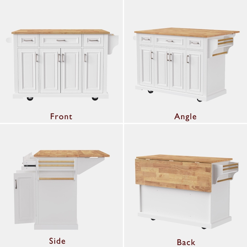Kitchen Island Cart with Drop Leaf, 3 Drawers, Spice Rack, Rolling Kitchen Cart with Adjustable Shelves, 54" L x 29.5" W x 36" H, White
