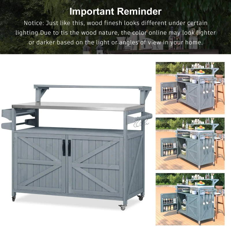 Outdoor Kitchen Island with Raised Shelf, Storage Cabinet, Stainless Steel Top, Rolling Grill Cart with Adjustable Shelves, Spice Rack, Grey+Blue